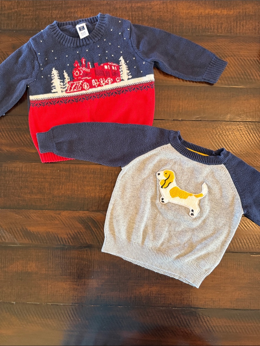 Janie and Jack  Red, Navy & Gray Holiday Train and Puppy Knit Sweaters - Kids